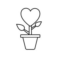 Black and white linear simple icon of a flower in a pot with a heart for the feast of love on Valentine's Day or March 8. Vector illustration