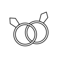 Black and white linear simple icon of two rings with diamonds for a wedding or engagement for the feast of love Valentine's Day or March 8th. Vector illustration