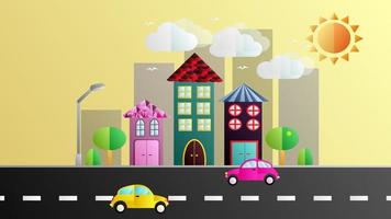 Beautiful sunny city with buildings and houses with trees and lanterns and cars on the road in a flat style vector