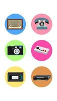 A set of six round icons for the current old antique retro technology phone radio camera joystick video player and cassette on a white background. Vector illustration