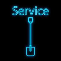 Bright luminous blue industrial digital neon sign for shop workshop service center beautiful shiny with a shovel for repair on a black background and the inscription service. Vector illustration