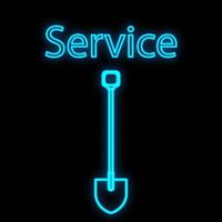 Bright luminous blue industrial digital neon sign for shop workshop service center beautiful shiny with a shovel for repair on a black background and the inscription service. Vector illustration