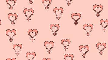 Texture seamless pattern of flat icons of hearts with a sign of a woman, love items for the holiday of love Valentine's Day February 14 or March 8 on a pink background. Vector illustration