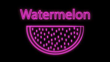 watermelon with seeds on a black background, vector illustration, pattern. neon in purple color, bright signboard, watermelon in neon style