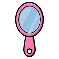 Beautiful simple flat icon of a small pink mirror on the handle for applying makeup and beauty guidance, isolated on a white background. Vector illustration