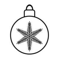 Black and white small simple linear icon of a beautiful festive New Year Christmas ball with a snowflake, Christmas toy on a white background. Vector illustration