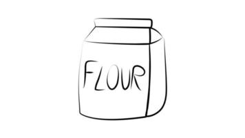 package of flour on a white background. vector illustration. flour is poured into a large paper bag. illustration in black and white style, graphic drawing