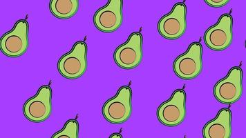 ilustración vectorial patrón con aguacate. ilustración para cafeterías y restaurantes. lindos fondos de pantalla. aguacate con un hueso dentro sobre un fondo morado vector