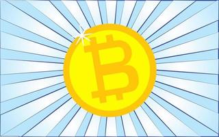 Golden round big Bitcoin cryptocurrency coin on a background of abstract blue rays. Vector illustration