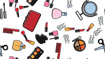 Endless seamless pattern of beautiful beauty items of female glamorous fashionable powders, lipsticks, varnishes, creams, cosmetics on a white background. Vector illustration