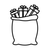 pequeño icono lineal simple en blanco y negro de una hermosa bolsa de Navidad festiva de año nuevo con regalos y cajas de santa claus sobre un fondo blanco. ilustración vectorial vector