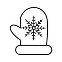 Black and white small simple linear icon of a beautiful festive New Year Christmas mittens with snowflake on a white background. Vector illustration