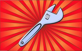 Construction repair fitter tools adjustable plumbing wrench for tightening nuts on a background of abstract red rays. Vector illustration