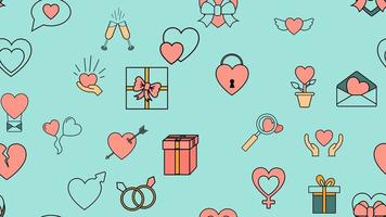 Texture seamless pattern from a set of love items with hearts and gifts for the holiday of love Valentine's Day February 14 or March 8 on a blue background. Vector illustration