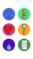 Set of six round icons for topical with medical medical pharmacological objects heart spetoscope band-aid magnifier document enema on a white background. Vector illustration