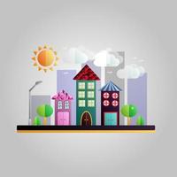 Beautiful sunny city with buildings and houses with trees and lanterns and cars on the road in a flat style vector