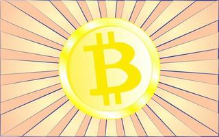 Golden round big Bitcoin cryptocurrency coin on a background of abstract yellow rays. Vector illustration