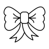 Black and white small simple linear icon of a beautiful festive New Year's Christmas small decoration, a bow with a ribbon on a white background. Vector illustration