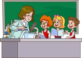 Vector illustration of lecture in Chemistry Class.Cartoon students and teacher doing research in lab.