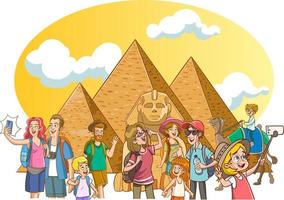 tourists in front of the pyramids in egypt vector