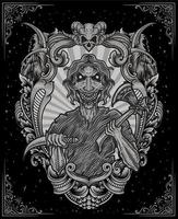 isolated scary zombie with engraving ornament frame vector