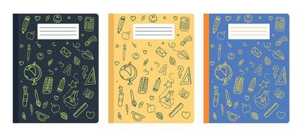 A set of colorful notebooks with doodle drawings. Vector illustration isolated on a white background.