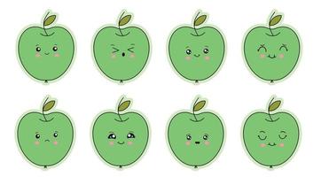 un conjunto de pegatinas de divertidos emoticonos en una manzana verde. divertidos emoticonos de dibujos animados. ilustración vectorial aislado sobre fondo blanco. vector