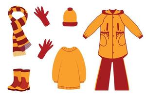 Collection of bright autumn clothes isolated on white background. Vector illustration