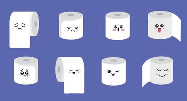 Set of toilet paper rolls in different positions. Toilet and bathroom element. Hygiene and sanitation. Cartoon flat illustration. Vector toilet paper emoji set. Funny cartoon emoticons