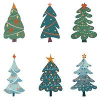 conjunto de árboles de Navidad de dibujos animados, pinos para tarjetas de felicitación, invitación, banner, web. árbol de símbolo tradicional de año nuevo y navidad con guirnaldas, bombilla, estrella. vacaciones de invierno. diseño plano, vectorial vector