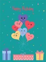 Heart shaped balloons in kawaii style. Happy birthday inscription and gift boxes. Vector illustration