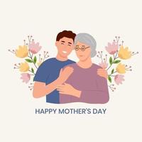 Happy Young man hugging her old mother with love. Mother and son. Mothers day .Portrait of young woman hugging her grandma. Friendly family relationship. vector flat illustration