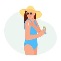 mujer de belleza con sombrero y traje de baño aplica crema solar en el hombro. un protector solar en la mano. el concepto de belleza y protección de la salud de la piel. ilustración vectorial aislado sobre fondo blanco vector