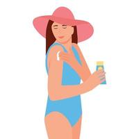 Beauty woman in hat and swimsuit apply suncream to shoulder. A sunscreen in hand.The concept of beauty and health protection skin. Vector illustration isolated on white background