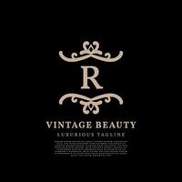 diseño de logotipo de vector vintage de lujo de cresta simple de letra r para cuidado de la belleza, medios de estilo de vida y marca de moda