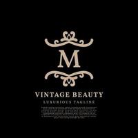 letter M simple crest luxury vintage vector logo design for beauty care, lifestyle media and fashion brand