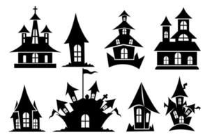 conjunto del diseño vectorial de imágenes prediseñadas de la casa fantasmal y horrible, hogar de halloween. espeluznante con casa grande sobre fondo blanco. concepto libre con terrible vector de casa.