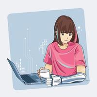 concepto ultramoderno. joven segura de sí misma con un elegante brazo de prótesis biónica sentada en la mesa con una taza blanca de café en las manos ilustración vectorial descarga profesional vector