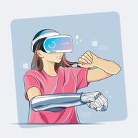 Ultramodern Concept. Confident young girl with stylish bionic prosthesis arm and virtual reality goggles plays video game vector illustration free download