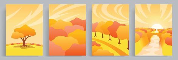 4 collections of autumn vector illustrations with a warm, hygge and cozy atmosphere. A view of the forest and trees that are reddish in autumn. Suitable for poster, book cover, brochure, book cover.