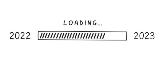 Load bar 2023 new year in doodle style, vector illustration. Hand drawn loading symbol, black isolated element on a white background. Sketch progress bar for print and design