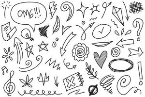 Abstract arrows, ribbons, fireworks, hearts, lightning,love , leaf, stars, cone, crowns and other elements in a hand drawn style for concept designs. Scribble illustration. vector