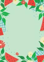 Picnic in nature. Vector illustration with watermelons. Summer frame template. Modern poster with organic products. Summer holiday invitation design. Flat design.
