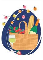 Picnic in nature. Vector illustration with a bottle of wine, bread and strawberries in a picnic basket. Modern poster with organic products and light garland. Romantic summer date with lanterns.