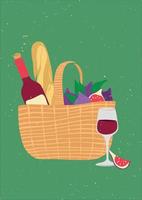 Picnic in nature. Vector illustration with a bottle of wine, bread and figs in a picnic basket. Modern poster with organic products. Romantic summer date. Flat design.