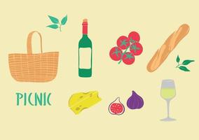 Set of vector elements for a picnic. Illustration with a bottle of wine, bread, figs, cheese and a picnic basket. Modern poster with organic products. Flat design.