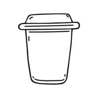 Paper cup vector icon. Eco-friendly container for coffee, tea, water. Hand drawn mug with cap. Hot drink to take away. Simple doodle, black outline. Illustration isolated on white for logo, web, print