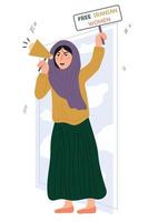 mujer iraní con hiyab protesta con pancarta y altavoz. ilustración vectorial de las protestas iraníes. una mujer está luchando por sus derechos. mujeres iraníes libres vector