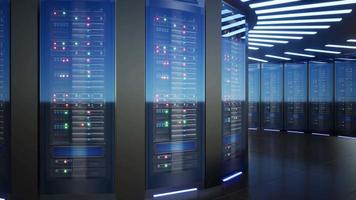 Network and data servers behind glass panels in a server room of a data center or ISPt, 3d Animation video