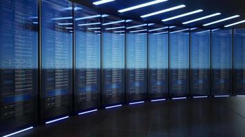 Network and data servers behind glass panels in a server room of a data center or ISPt, 3d Animation video